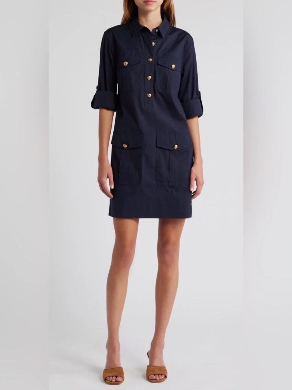 Veronica Beard Saude Shirt Dress Navy w/Gold Buttons & Placket Pockets Sz 10